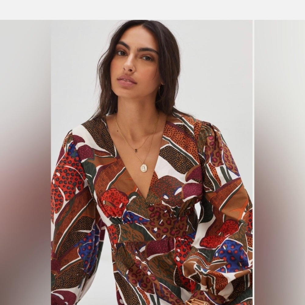Farm Rio Colorful Leaves Long Sleeve Midi Dress Size 6 Boho Tropical Print
